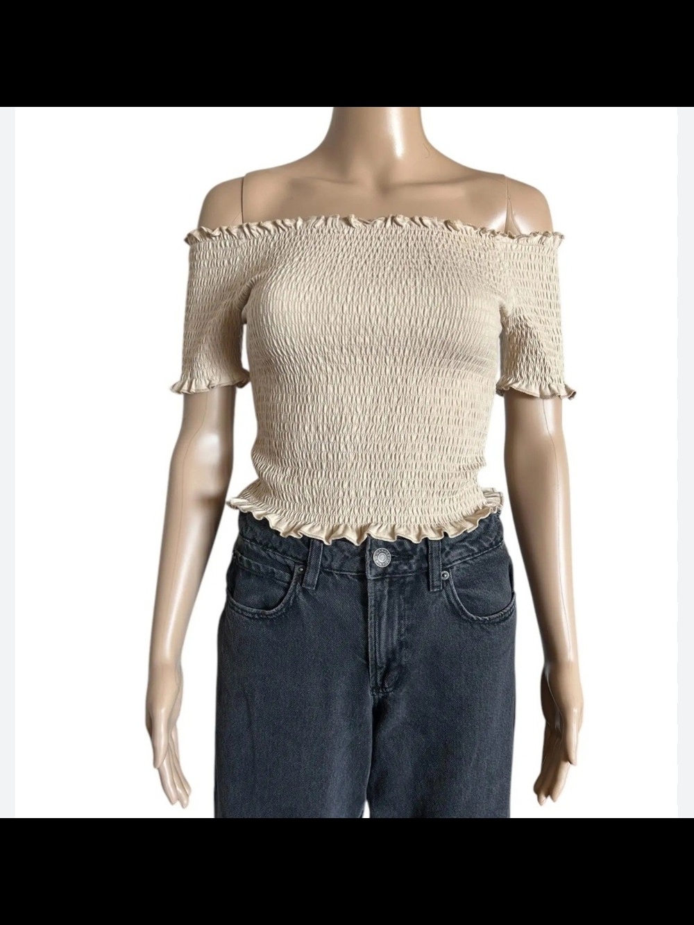 H&M Smocked Off-Shoulder Crop Top - Beige - SH 6